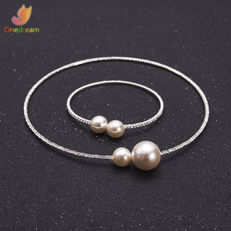Set vòng cổ + vòng tay đính hạt ngọc trai thời trang cho nữ