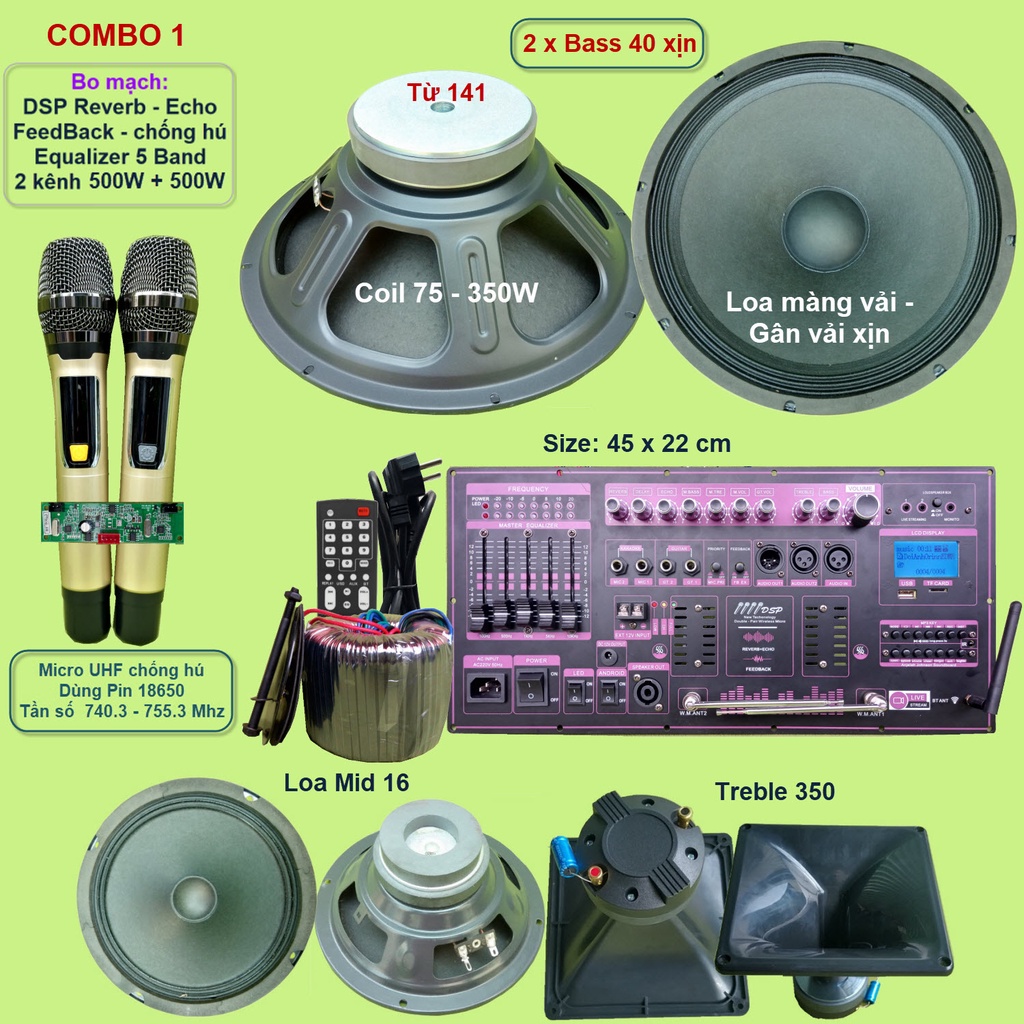 Mạch loa kéo 4 tấc đôi 500W + 500W DSP Reverb Echo Livestream có chống hú - Equalizer 5 Band kèm 2 tay micro