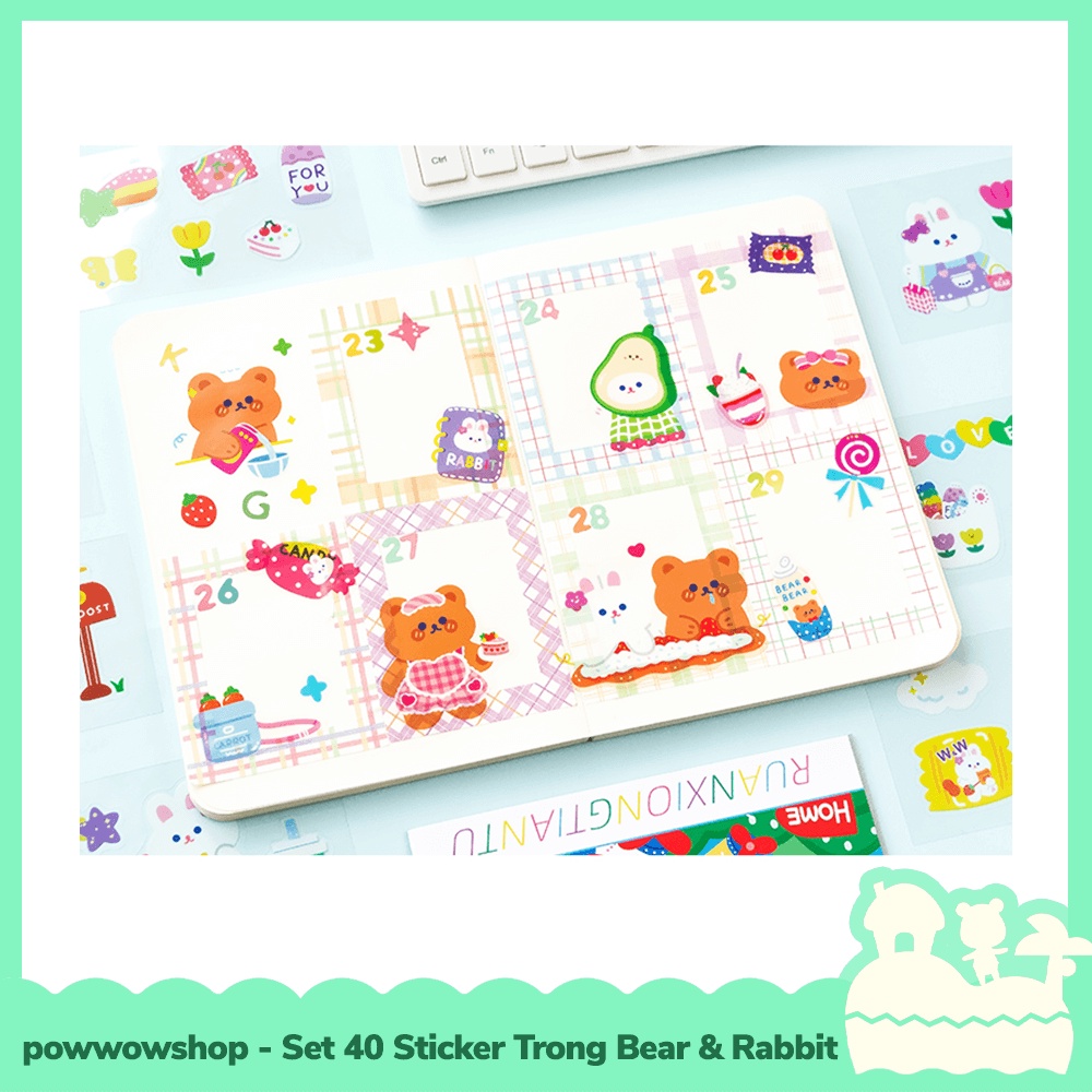 [Sẵn VN - Hỏa Tốc] Bộ 40 Sticker Decal Trong Dán Trang Trí Vật Dụng Bear &amp; Rabbit Đáng Yêu Nhiều Mẫu