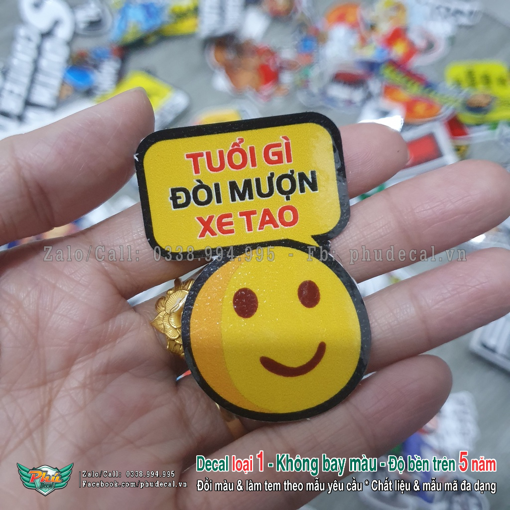 Hình dán sticker " tuổi gì nượn xe " không cho mượn xe 5.5x4cm vui nhộn cà kịa dán xe máy, xe ô tô, xe đạp