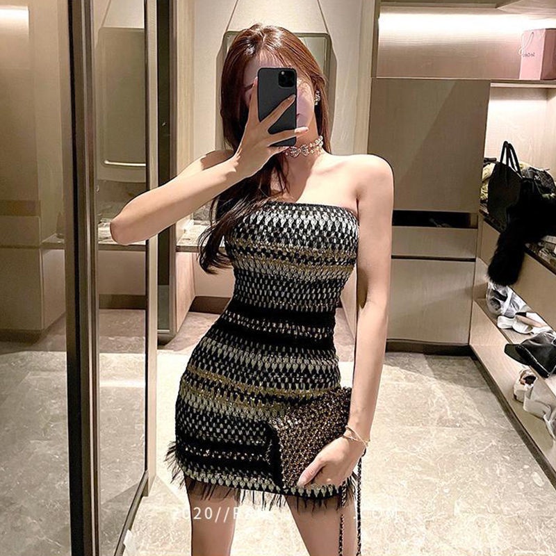 Đầm Ngắn Ôm Hông Co Giãn Đính Kim Sa Lấp Lánh Thời Trang Xuân Thu Quyến Rũ Cho Nữ