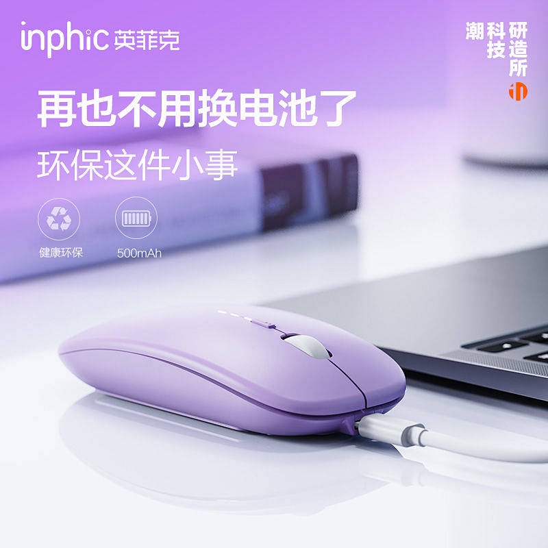 Inphic M1-P Wireless Office Mute Mouse Rechargeable Display Power Silent Boys And Girls Purple Game 2HAi