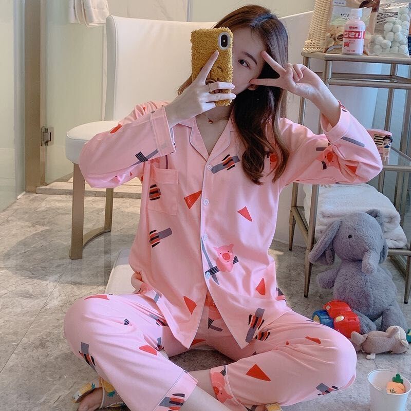 Bộ đồ ngủ tay dài mặc nhà mùa xuân thu đông size lớn nhiều họa tiết tùy chọn cho nữ