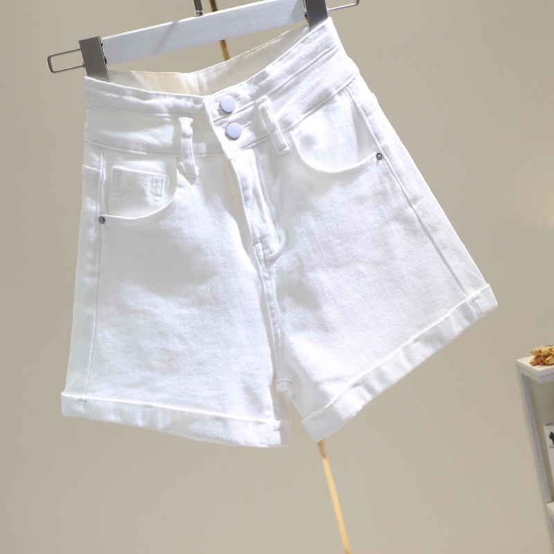Quần short denim lưng cao ống rộng màu trắng thiết kế mới thời trang mùa hè dành cho nữ 2021