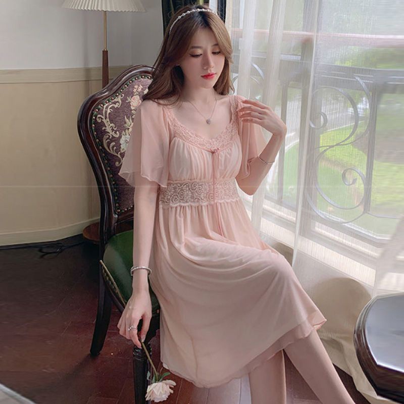 Đầm Ngủ Tay Ngắn Phối Lưới Có Đệm Ngực Thoải Mái Thời Trang Mùa Hè 2022 Phong Cách Mới Cho Nữ