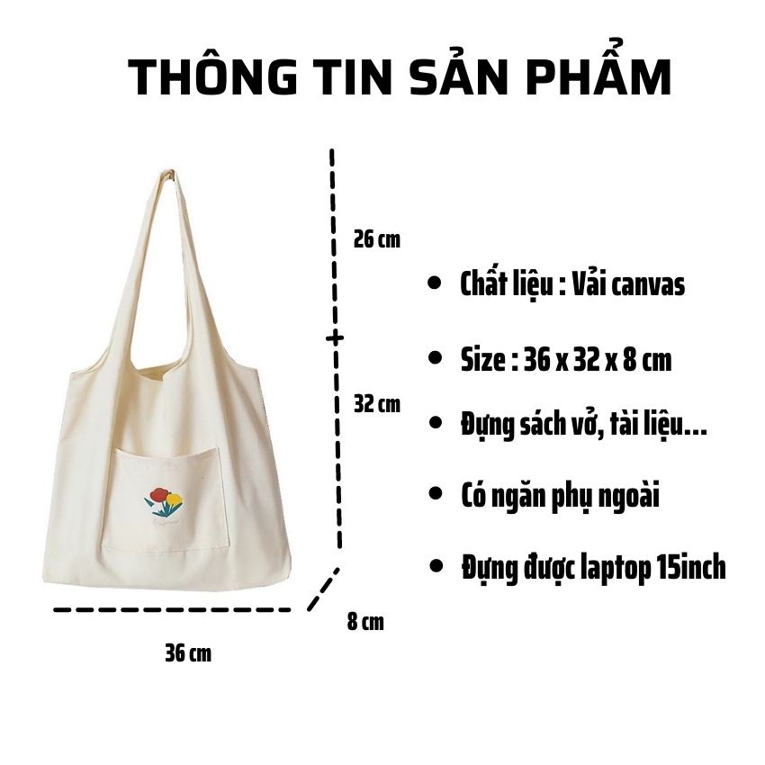 Túi tote túi vải canvas đi học đi làm phong cách Hàn Quốc có ngăn phụ ZIMI