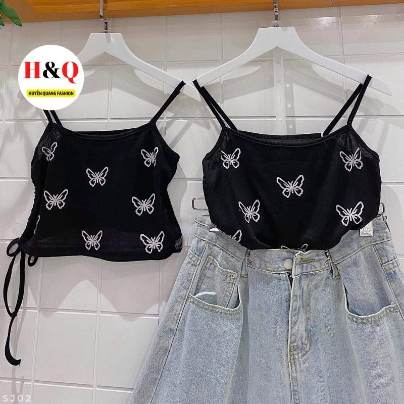 Áo 2 dây croptop hình bướm dây rút eo chất thun - Huyền Quang