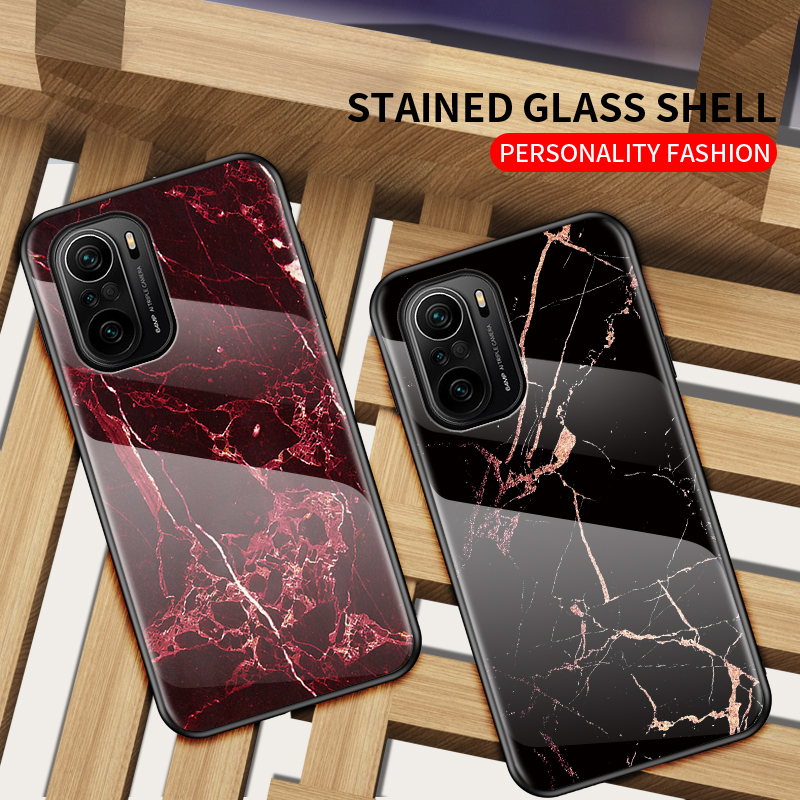 Xiaomi POCO F3 Luxury Marble Grain Hard Tempered Glass Protective Back Cover Case