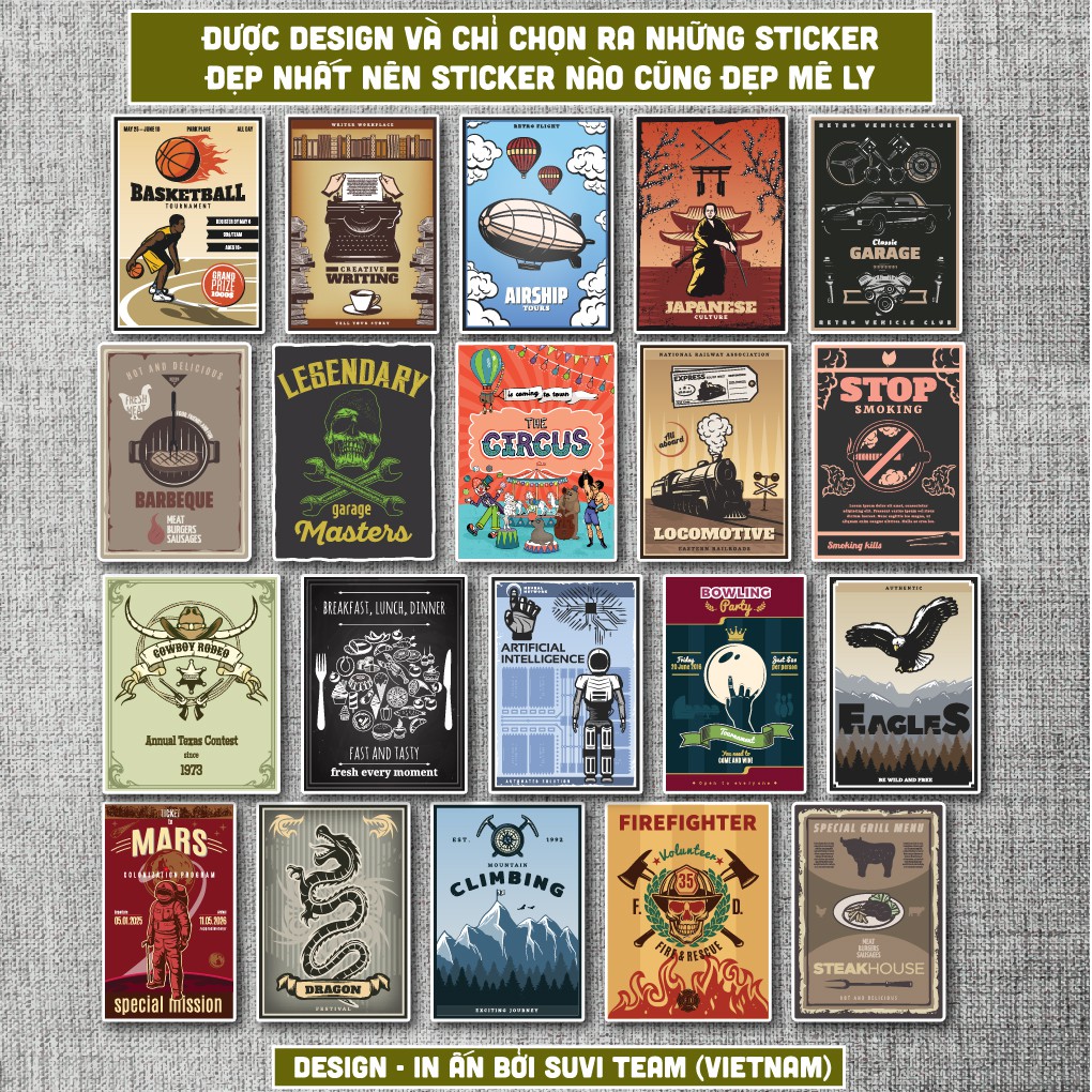 50 Sticker Vintage Retro 7 chống nước sticker dán laptop, điện thoại, đàn guitar, mũ bảo hiểm, vali. MSP:VR07