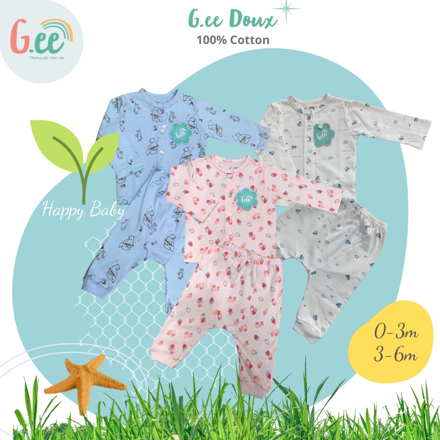 Bộ sơ sinh dài tay cài thẳng Gee, cho bé gái, bé trai chất liệu 100% cotton mềm mại