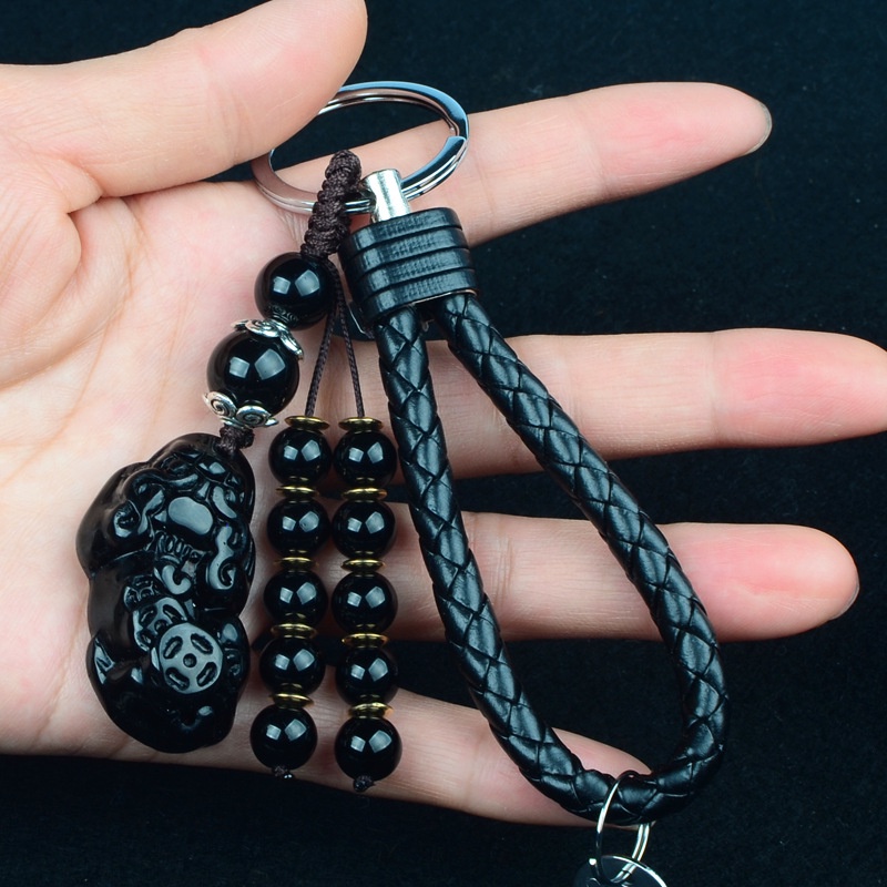Móc Khóa Bằng Da Đính Đá Tự Nhiên Khắc Chữ Lucky Pixiu Chất Lượng Cao