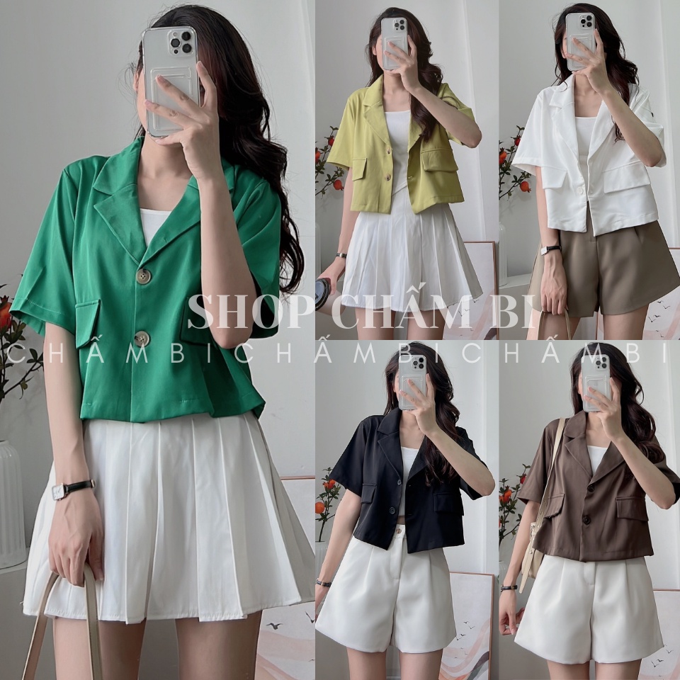 Áo khoác nữ Hàn Quốc A.331, Áo blazer dáng ngắn cổ vest 2 cúc dọc túi nắp chéo cách điệu cá tính - Thời trang nữ Chấm Bi | BigBuy360 - bigbuy360.vn