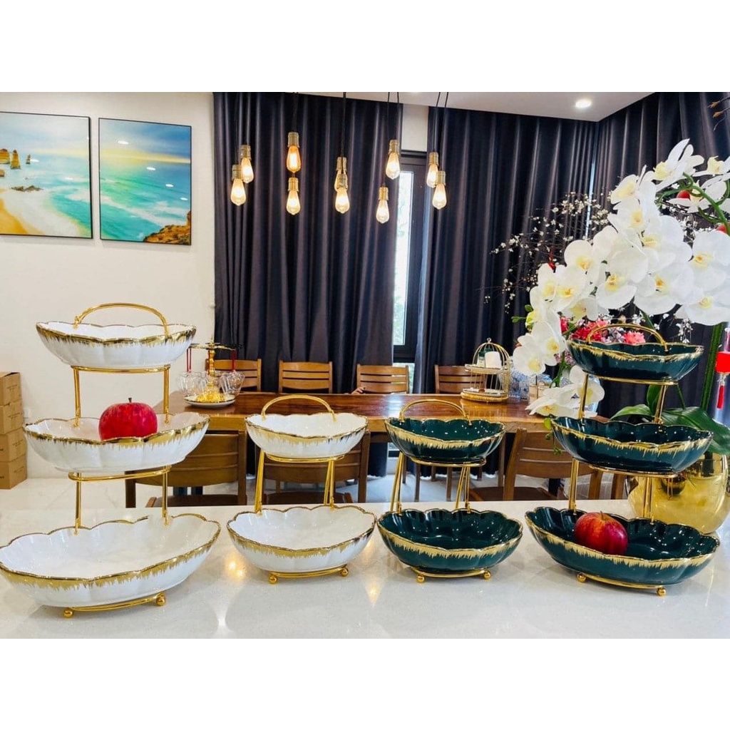 Khay sứ 2 Tầng, 3 Tầng Sứ Xanh phong cách Bắc Âu khung kim loại hàng Cao Cấp