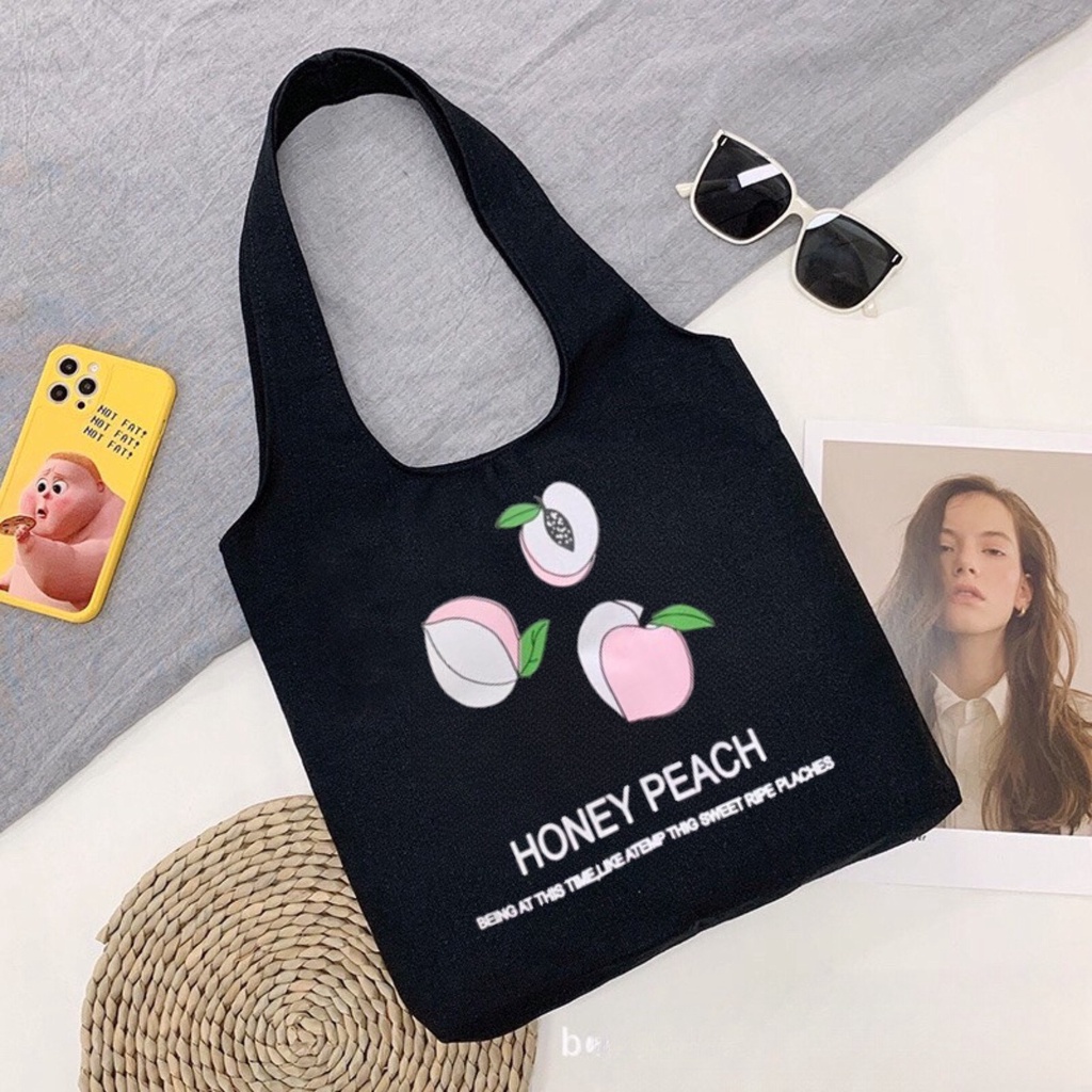 Túi tote Hazin túi vải canvas nữ hoạ tiết quả đào đựng vừa laptop cỡ lớn đeo vai phong cách ulzzang