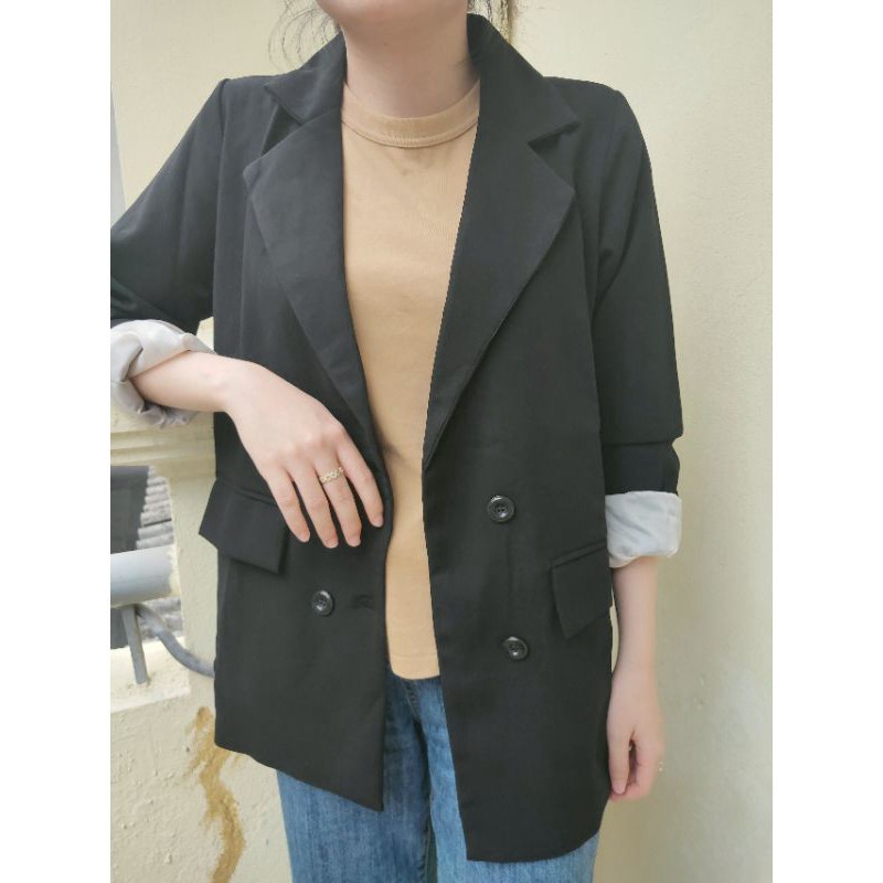 Áo blazer 2 lớp túi nắp 4 cúc trơn đen, Blazer khoác basic trơn- AmandaStore