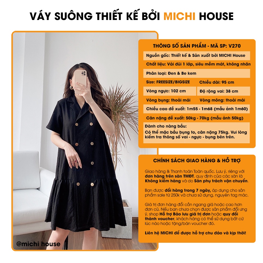 Váy Suông Đuôi Cá Cổ Vest Công Sở MICHI House Đầm Đũi Thiết kế Dáng Xuông Xòe Rộng Freesize V270 | BigBuy360 - bigbuy360.vn