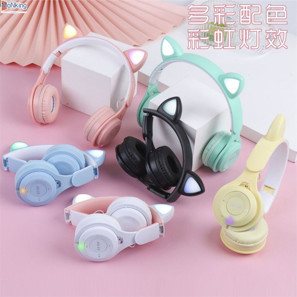 Tai Nghe Không Dây Tai Nghe Tai Mèo Có Mic Xanh Dương-Răng Light Bass Mũ Bảo Hiểm Trẻ Em Game Thủ Cô Gái Quà Tặng Điện Thoại Máy Tính tai Nghe Chơi Game ^ MK ^