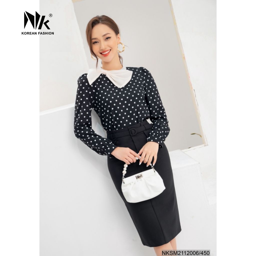 Áo Sơ Mi Nữ Dài Tay NK Fashion Cổ Phối Nơ Hoạ Tiết Chấm Bi, Chất Voan Lụa Mềm Mịn NKSM2112006