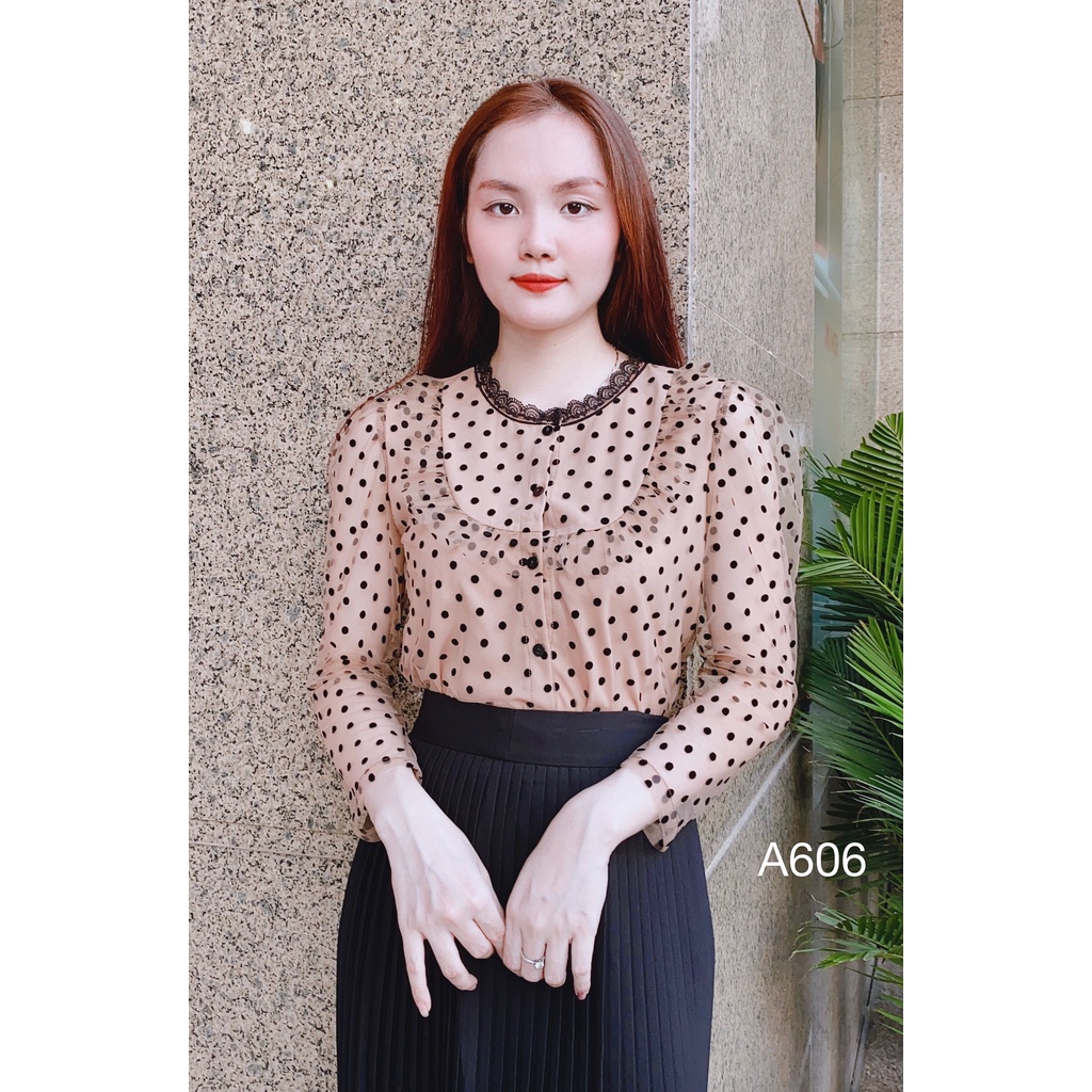 Áo sơ mi nữ Lely Fashion sơmi kiểu ngắn tay lỡ chấm bi cao cấp thời trang công sở cổ ren nâu nhạt đẹp A606