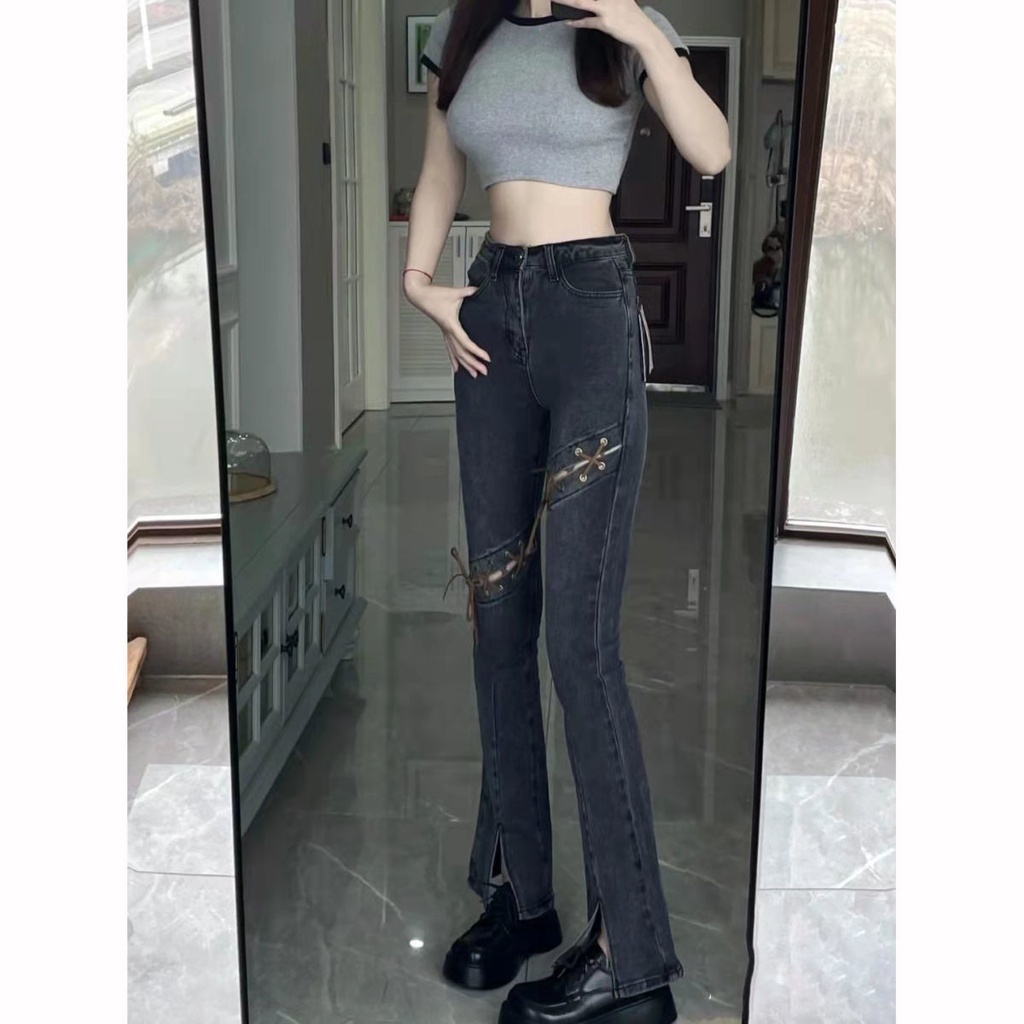 New Arrival Spring/Summer Women's Long Slim Jeans with Lace Up Large Size
