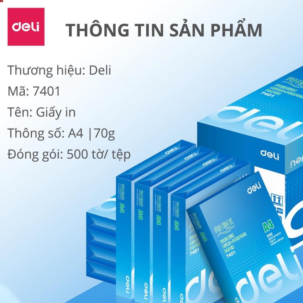 [MUA NHIỀU GIẢM THÊM] Giấy in A4 cao cấp Deli định lượng 70gsm - Tệp 500 tờ,  chống tích điện, chống lóa - W7401 .