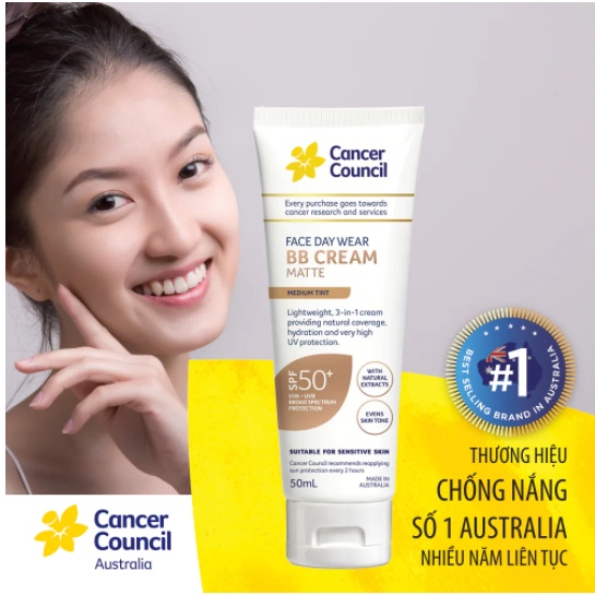 Kem chống nắng Cancer Council - BB Cream 3 trong 1 SPF50+/PA++++ 50ml ( màu light tint)