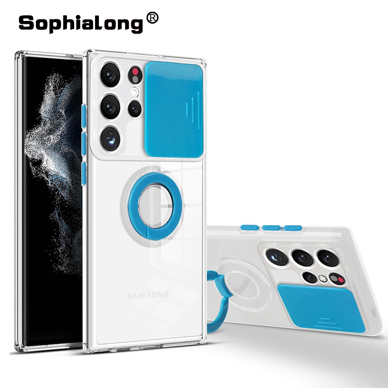 Ốp điện thoại trong suốt bảo vệ camera toàn diện có nhẫn đỡ cho Samsung Galaxy S22 Ultra Plus + S21 FE