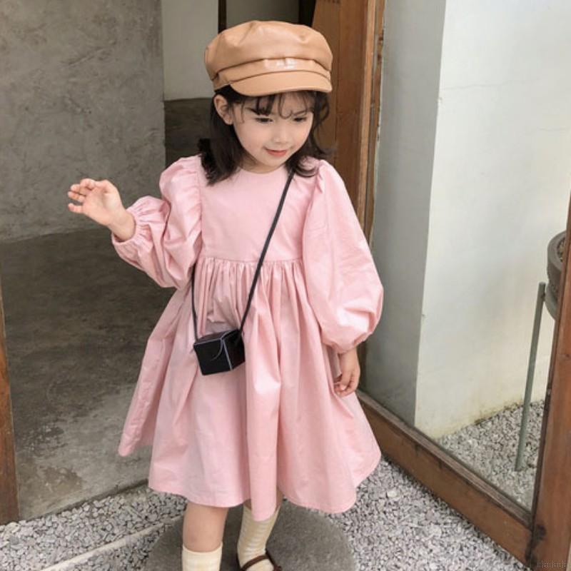 Đầm công chúa cổ tròn tay phồng dễ thương màu trơn dễ thương thời trang mùa thu dành cho bé gái