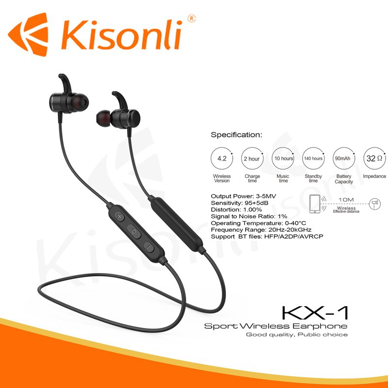 Tai nghe bluetooth thể thao Kisonli KX-1 Bass mạnh - thiết kế nam châm 2 đầu (đen)