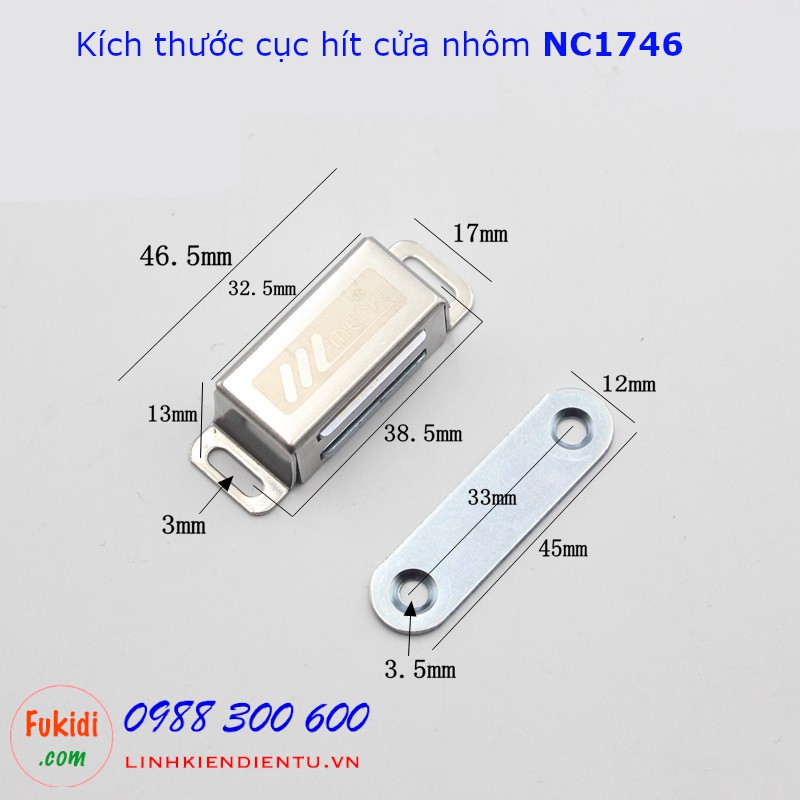 Cục hít cửa tủ, nam châm hít cửa NC1746, lực hút 8kg, vỏ inox, kích thước 17x46.5mm