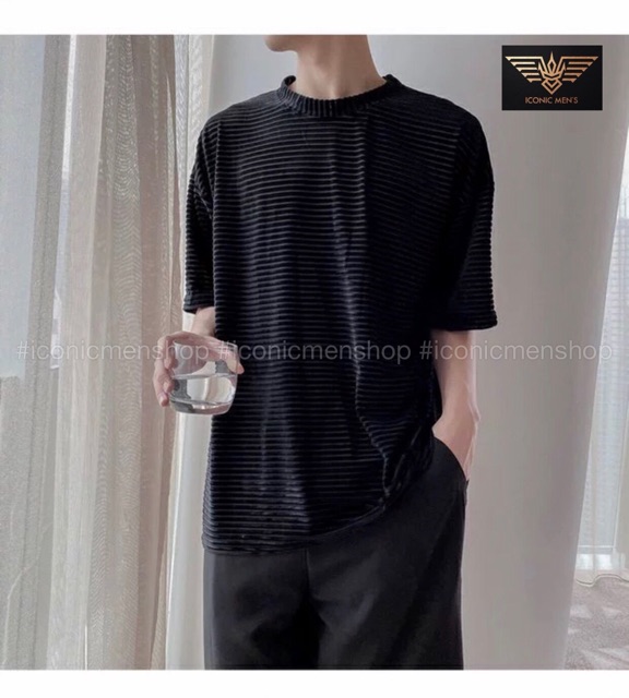 Áo thun nhung nam fom rộng sọc gân