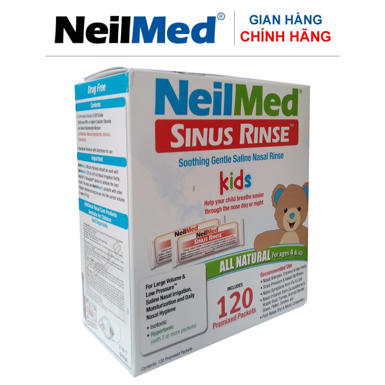 Combo Baby SinusCare: Bộ Rửa Mũi Xoang Trẻ Em NeilMed Sinus Rinse Kids - SX Mỹ(1 Bình + 30 gói muối và Hộp 120 gói muối)