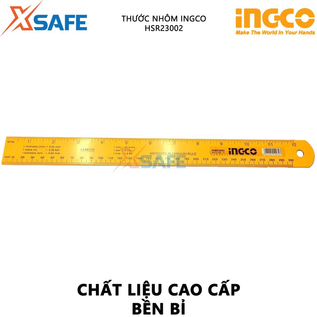 Thước nhôm INGCO HSR23002 Thước lá chiều dài 30cm, rộng 3cm, chất liệu nhôm anodized độ cứng cao, không bị mài mòn