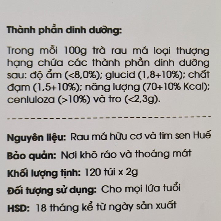 HỘP QUÀ TẶNG Trà túi lọc rau má &amp; tim sen Quảng Thọ Huế - Hộp 120 gói trà sạch an toàn