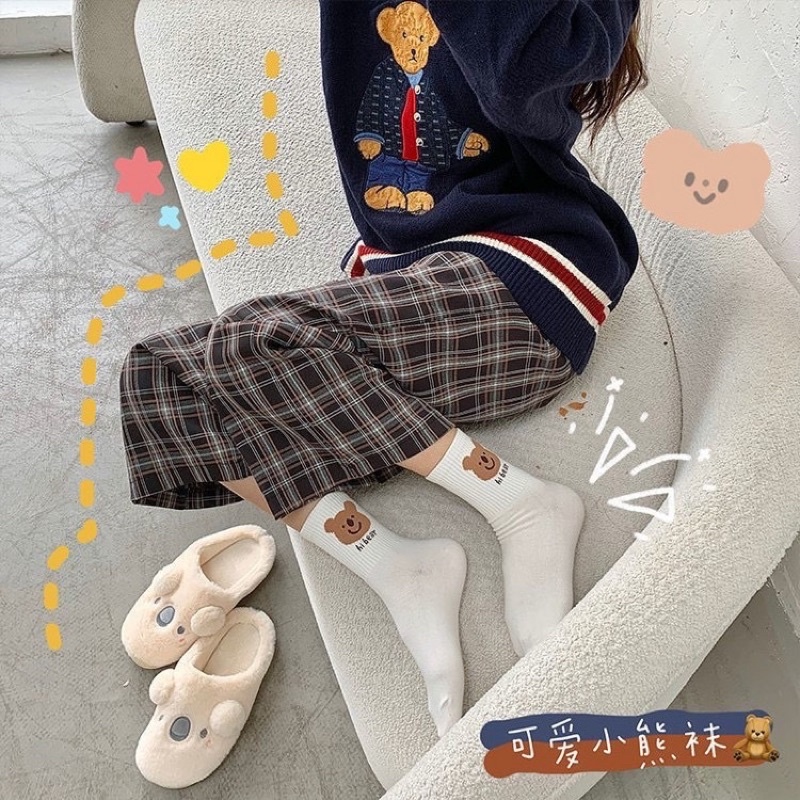 Tất cotton nữ cổ lỡ hoạ tiết gấu và thỏ dễ thương TAT09