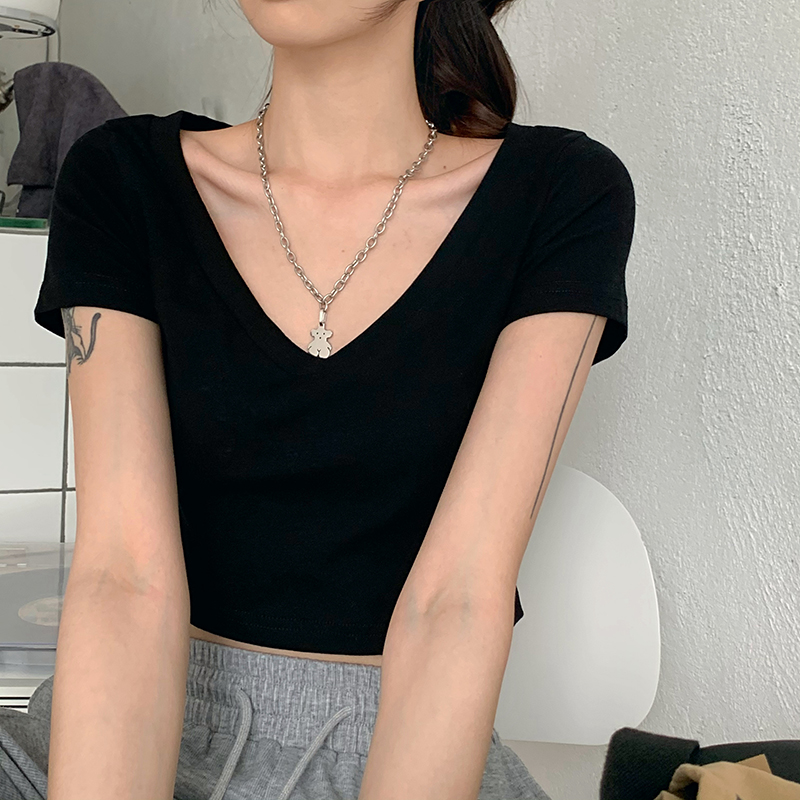 Áo croptop tay ngắn cổ chữ V chất liệu co giãn thoải mái cho nữ