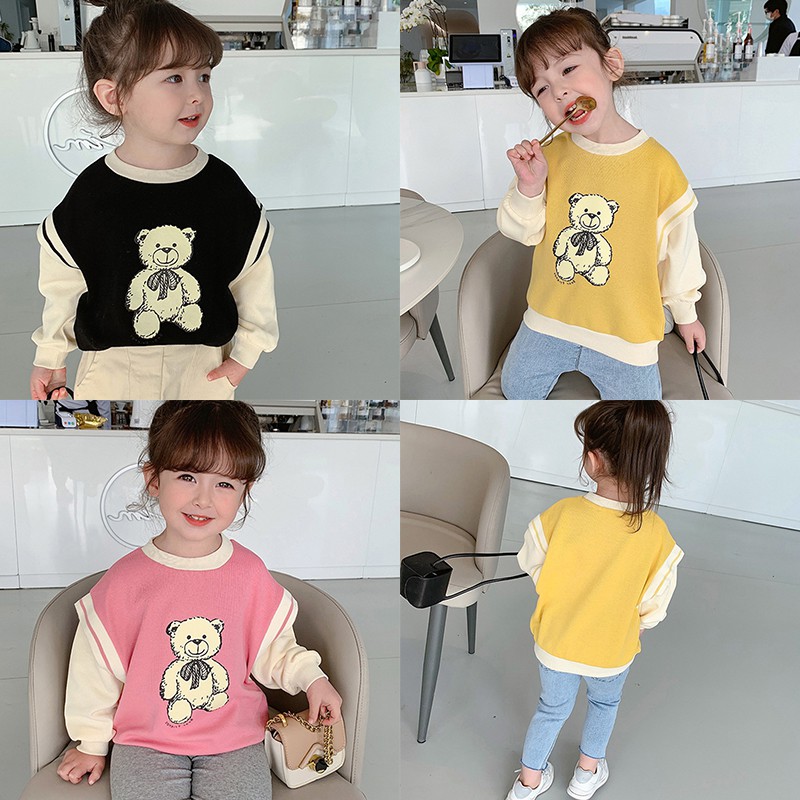 Áo sweater cổ tròn in họa tiết hoạt hình màu sắc tương phản phong cách Hàn Quốc thời trang dành cho bé gái