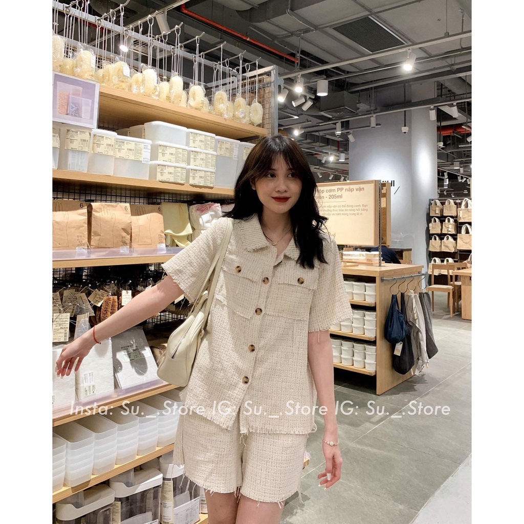 Set áo sơ mi dạ tweed túi trước kèm quần sooc tua rua S320 SUSTORE