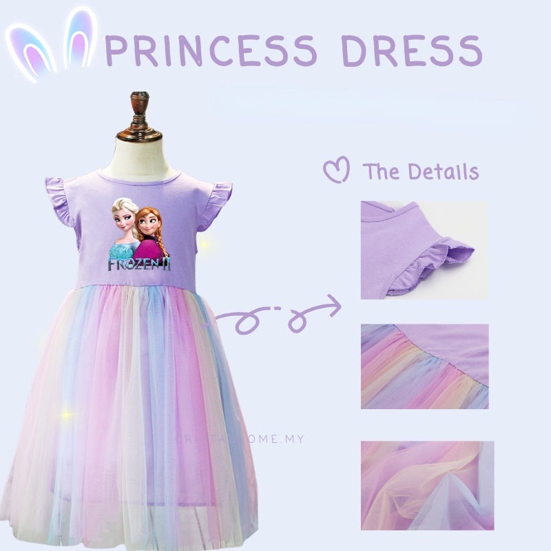 Đầm Công Chúa elsa anna Phối Lưới Màu Cầu Vồng Dễ Thương Cho Bé Gái