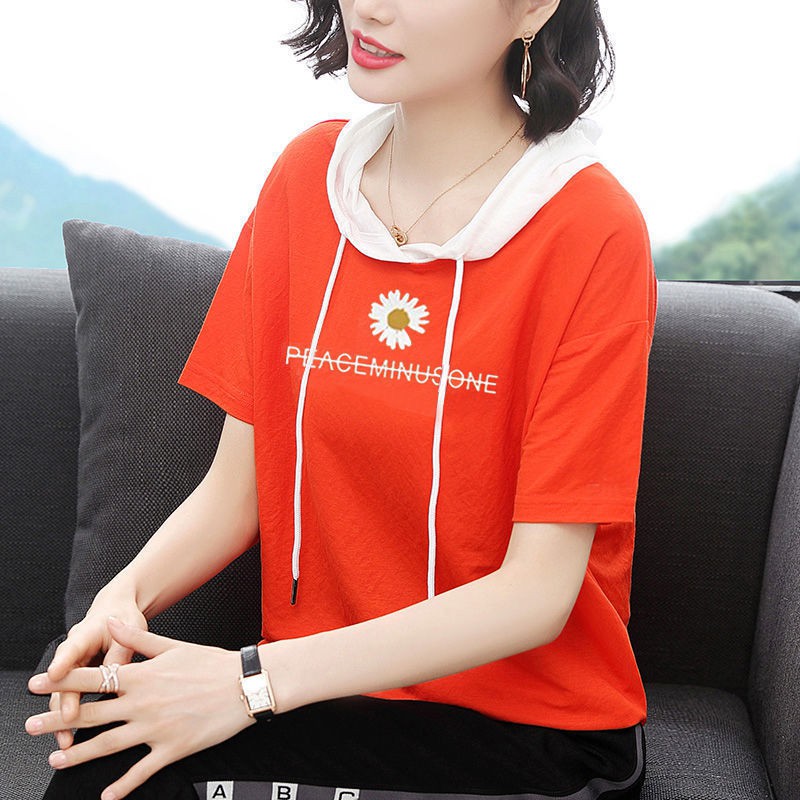 ﹉▣◙[95% cotton] thời trang mùa hè mới có mũ trùm đầu rộng rãi mm áo thun ngắn tay thêu chữ cỡ lớn đàn bà