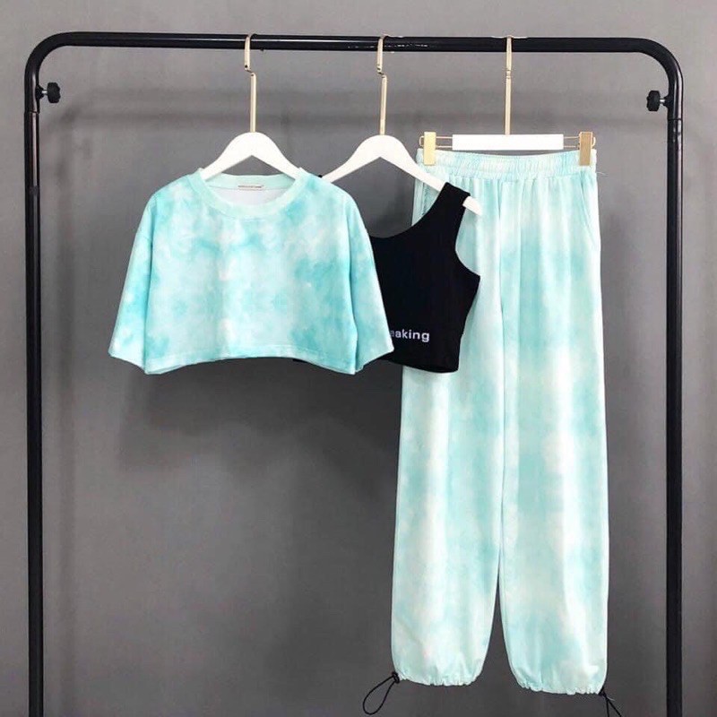 [NGUYÊN SET] Set áo croptop + bra đen + quần dài loang màu | BigBuy360 - bigbuy360.vn
