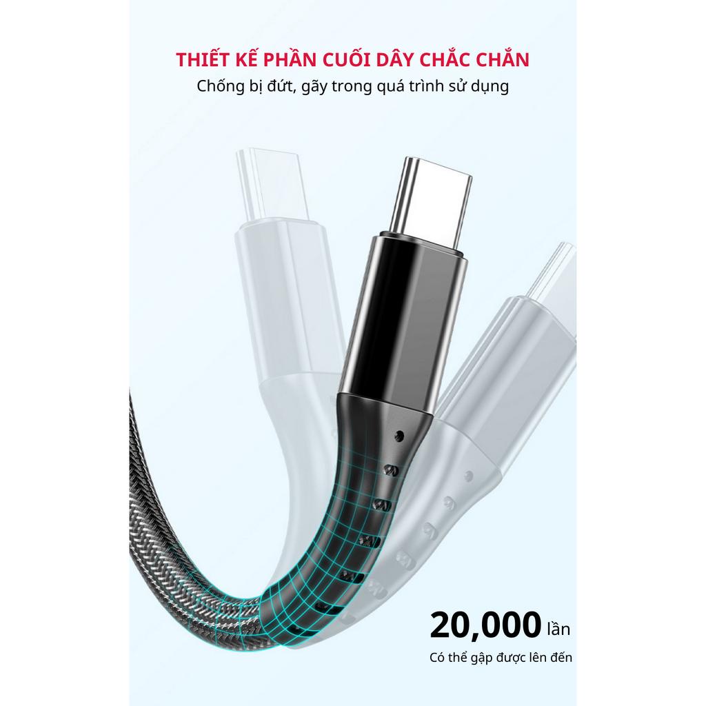 Cáp Sạc Nhanh 5A 66W 3 Trong 1 Chiều Dài 1,2m (3 in 1) Dây Bọc Dù Siêu Bền Chống Đứt Gãy - Hàng Chính Hãng Tamayoko