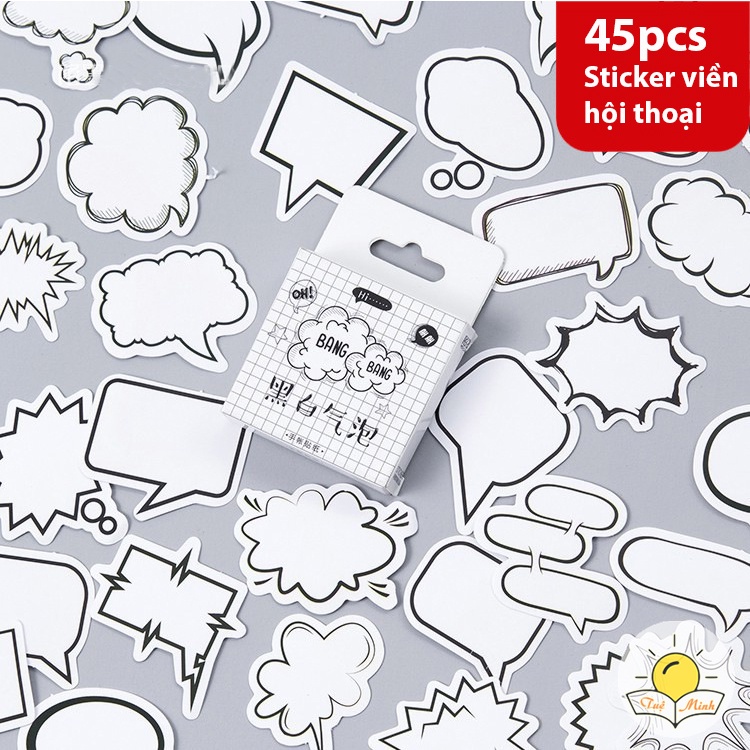 Bộ 45 sticker viền hội thoại hình khung bóng chat, nhãn dán trang trí bưu thiếp, sổ take note STI30