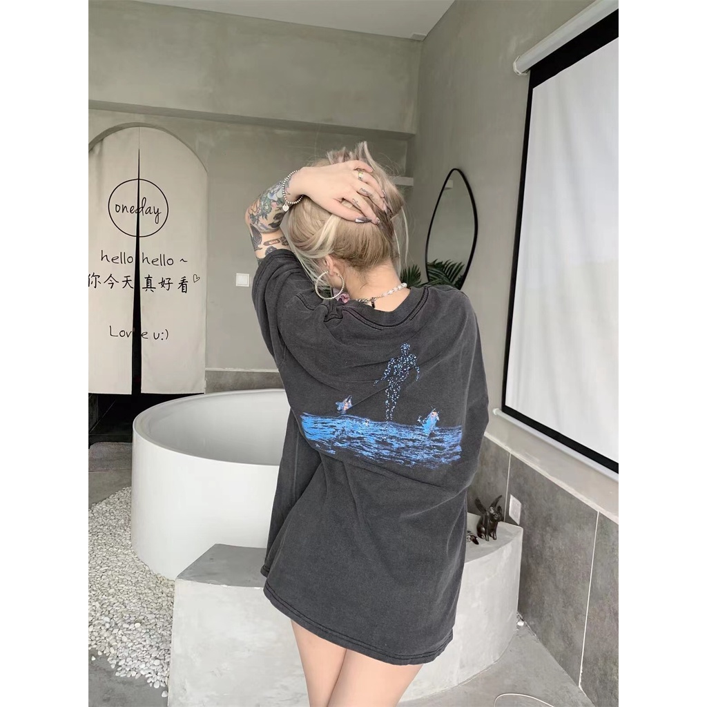 Áo thun hình nhóm nhạc Pink Floyd biển vải sờn ngắn tay dáng rộng phong cách retro thường ngày cho cặp đôi