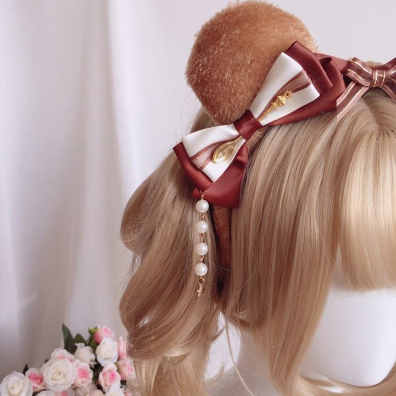 Băng Đô Cài Tóc Hình Tai Gấu Bằng Lông Nhung Phối Ngọc Trai Dễ Thương Xinh Xắn