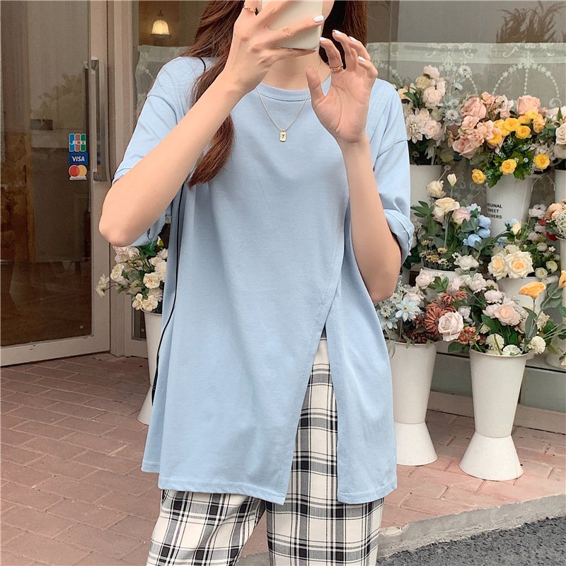 A037 Áo thun không cổ nữ xẻ tà Phông lệch vạt form rộngđen trắng xanh trẻ trung đi học năng động đi chơi  cộc ngắn tay