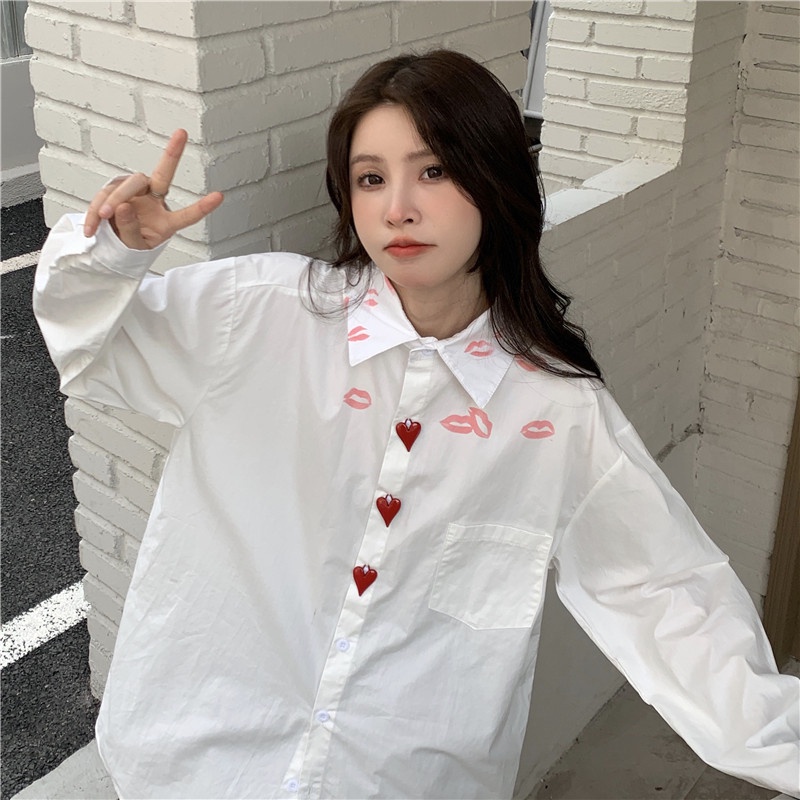Áo sơ mi ZHELIHANGFEI tay dài dáng rộng họa tiết đôi môi phong cách đi học dễ phối đồ thời trang