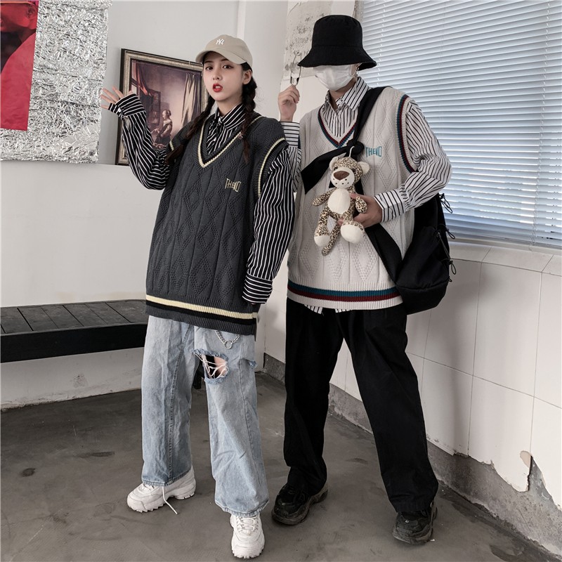 Áo Len Gile Đôi Nam Nữ Áo Len Không Tay Cổ V Len Vặn Thừng Áo Ấm Thu Đông | BigBuy360 - bigbuy360.vn