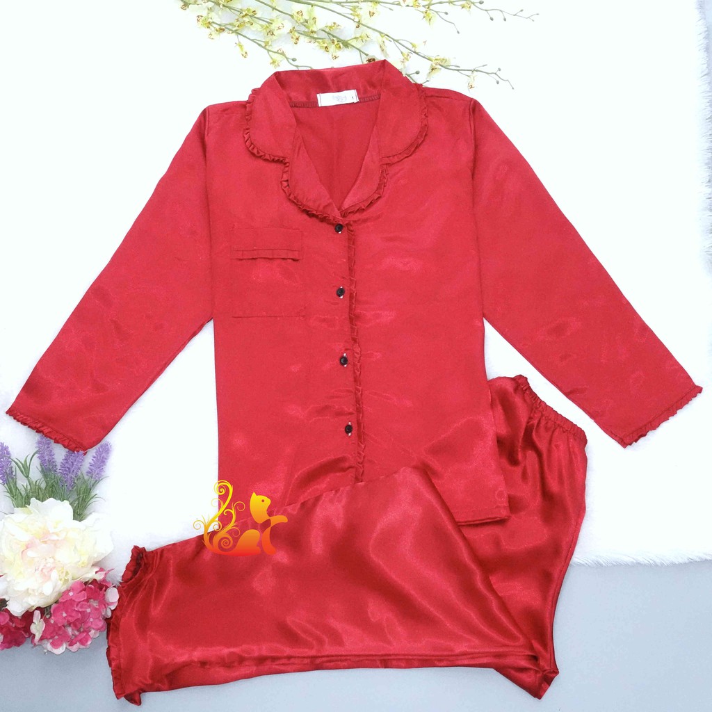 Đồ Bộ Mặc Nhà Pijama Phi Lụa " Viền Bèo " Tay Dài Cao Cấp - Dưới 60kg. | BigBuy360 - bigbuy360.vn