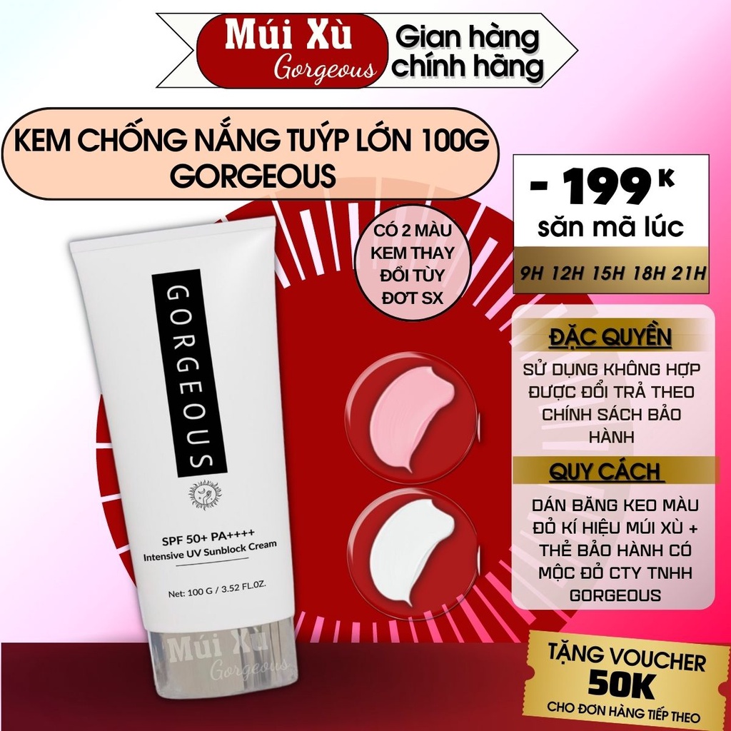 Kem chống nắng múi xù gorgeous trắng da chống nước lâu trôi tuýp lớn 100g SPF50+PA+++